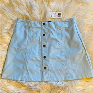 Baby Blue Faux Leather Button Down Skirt